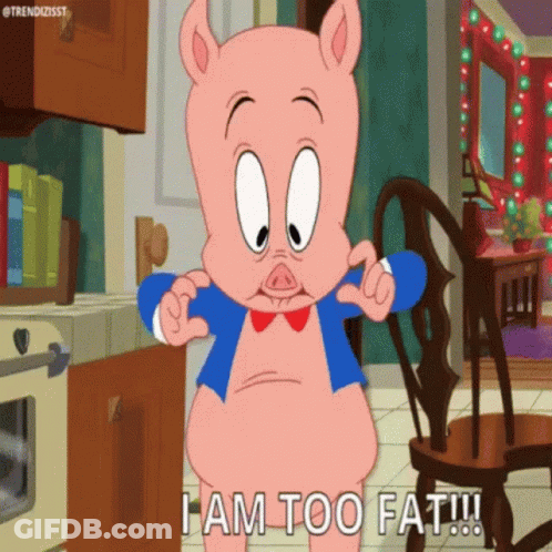 A Cartoon Pig Says I Am Too Fat While Standing In A Kitchen GIF