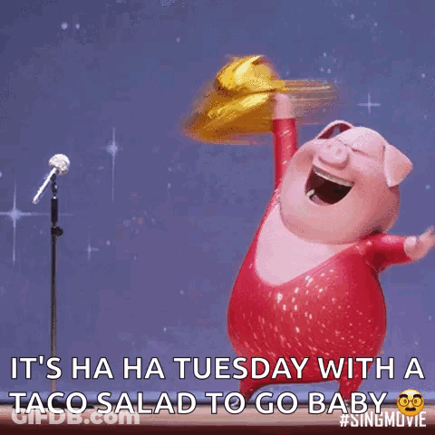 A Cartoon Pig Singing Into A Microphone While Holding A Taco Salad GIF