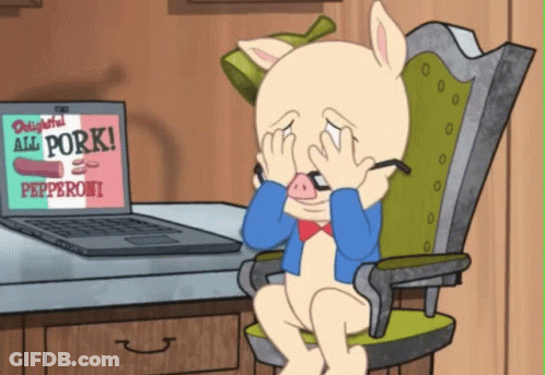 A Cartoon Pig Sits In Front Of A Laptop That Says Delightful All Pork GIF