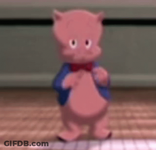 A Cartoon Pig Wearing A Bow Tie And A Blue Jacket Is Standing On A Wooden Floor . GIF
