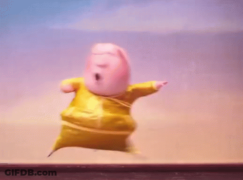 A Cartoon Pig Wearing A Yellow Jacket And Pants Is Jumping In The Air With Its Mouth Open . GIF