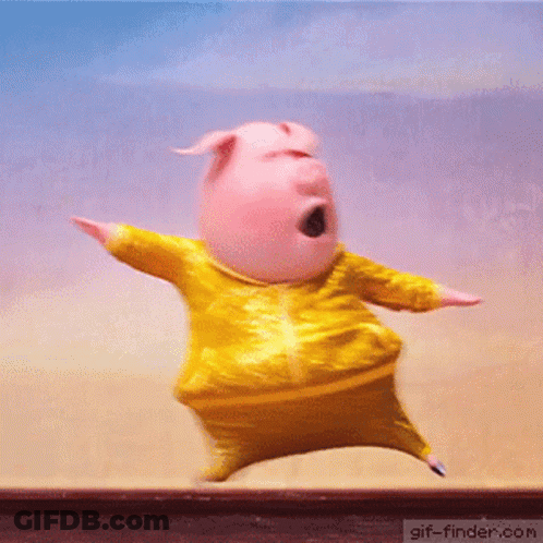 A Cartoon Pig Wearing A Yellow Jacket Is Jumping In The Air . GIF