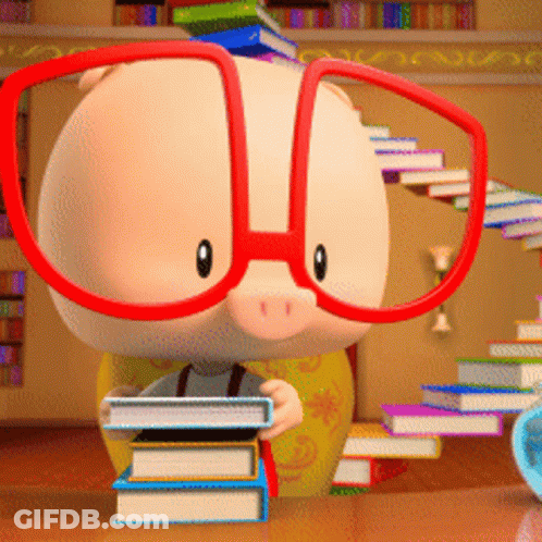 A Cartoon Pig Wearing Glasses Is Holding A Stack Of Books GIF