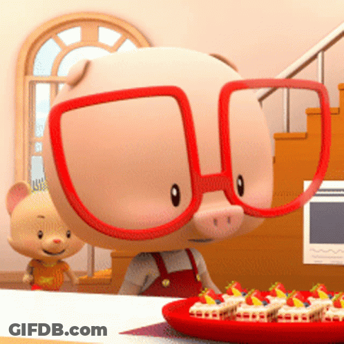 A Cartoon Pig Wearing Red Glasses Is Standing Next To A Plate Of Cupcakes GIF