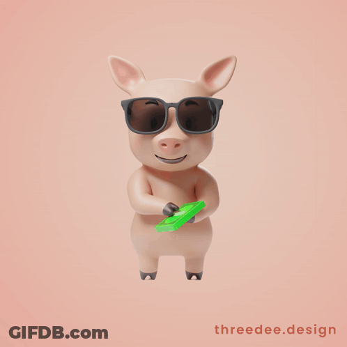 A Cartoon Pig Wearing Sunglasses And Holding A Green Object With The Words Threedee.design Below It GIF