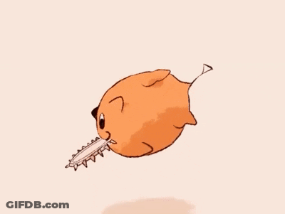 A Cartoon Pig With A Chainsaw In Its Mouth Is Flying Through The Air . GIF