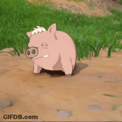A Cartoon Pig With A Flower On Its Head Is Standing In The Dirt GIF