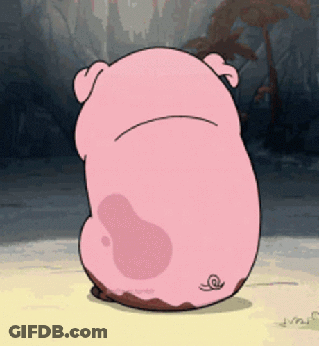 A Cartoon Pig With A Sad Look On Its Face Is Standing On A Beach GIF