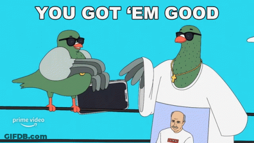 A Cartoon Pigeon Is Holding A Phone Next To A Man Wearing A Shirt That Says Supreme GIF