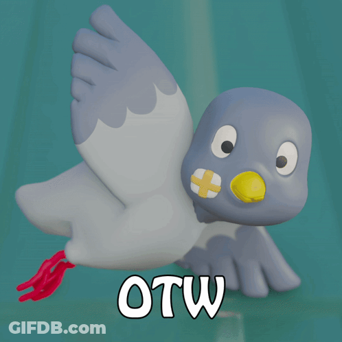 A Cartoon Pigeon With A Yellow Beak Is Flying With The Word Otw Written Below It GIF