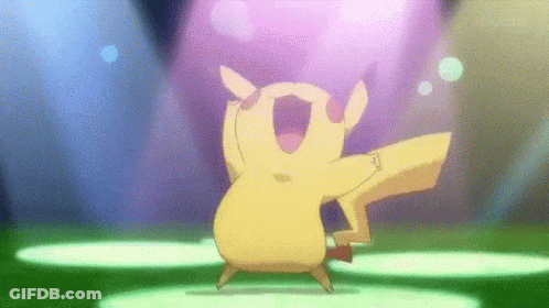 A Cartoon Pikachu Is Dancing On A Stage In Front Of A Purple Light . GIF
