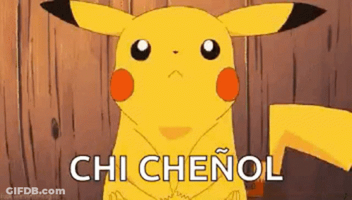 A Cartoon Pikachu Is Sitting In Front Of A Wooden Wall With The Words `` Chi Chenol '' Written On It . GIF
