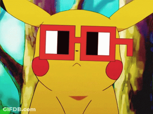 A Cartoon Pikachu Wearing A Pair Of Red And White Glasses GIF