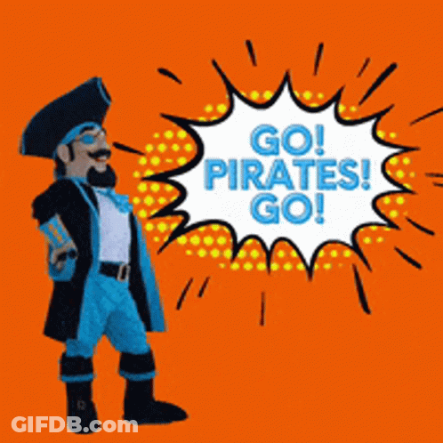 A Cartoon Pirate With A Speech Bubble That Says " Go Pirates Go " GIF