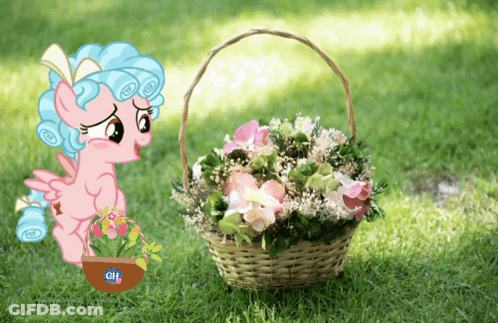A Cartoon Pony Is Holding A Basket Of Flowers With The Word Citi On It GIF