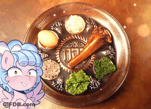 A Cartoon Pony Is Standing Next To A Plate Of Food With Hebrew Writing On It GIF