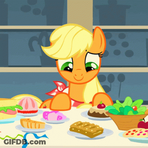 A Cartoon Pony Sits At A Table Surrounded By Plates Of Food GIF