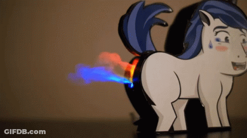 A Cartoon Pony With A Blue Tail And Red And Blue Smoke Coming Out Of Its Butt GIF