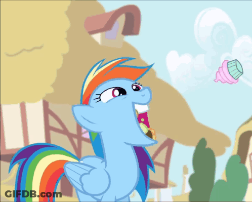 A Cartoon Pony With A Rainbow Mane And Tail Is Eating Something GIF