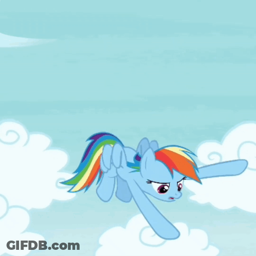 A Cartoon Pony With A Rainbow Mane And Tail Is Flying Through The Air GIF
