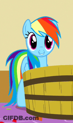 A Cartoon Pony With A Rainbow Mane Is Sitting In A Wooden Bucket GIF