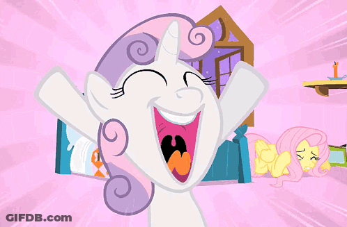 A Cartoon Pony With A Swirl In Her Hair Is Laughing GIF