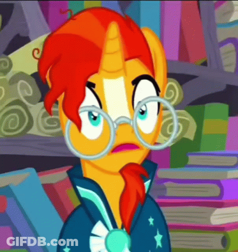 A Cartoon Pony With Glasses And A Bow Tie Is Standing In Front Of A Pile Of Books . GIF