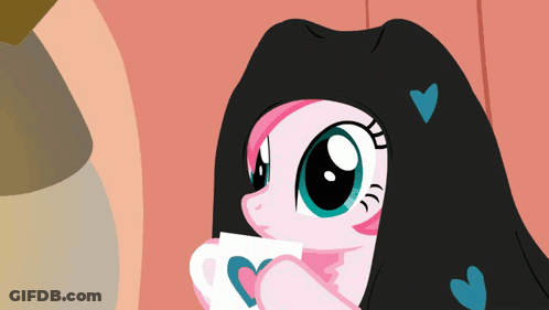 A Cartoon Pony With Hearts On Its Hair Drinking From A Cup GIF