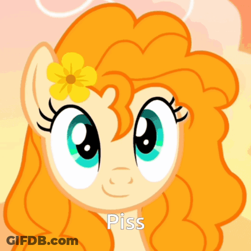 A Cartoon Pony With Orange Hair And A Yellow Flower In Her Hair Has The Word Piss On The Bottom GIF
