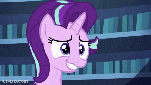 A Cartoon Pony With Purple Hair And A Horn Is Smiling In Front Of A Bookshelf GIF
