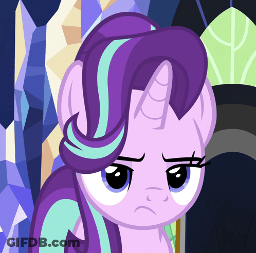 A Cartoon Pony With Purple Hair And A Horn Looks Sad GIF
