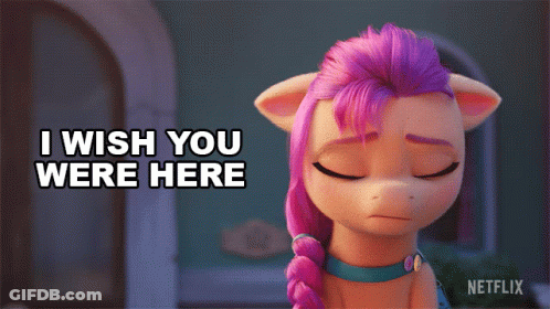 A Cartoon Pony With Purple Hair Is Saying I Wish You Were Here GIF