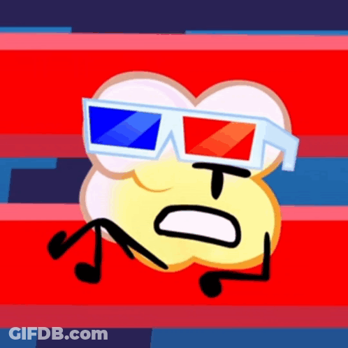 A Cartoon Popcorn Character Wearing 3D Glasses On A Red Blue And White Background GIF