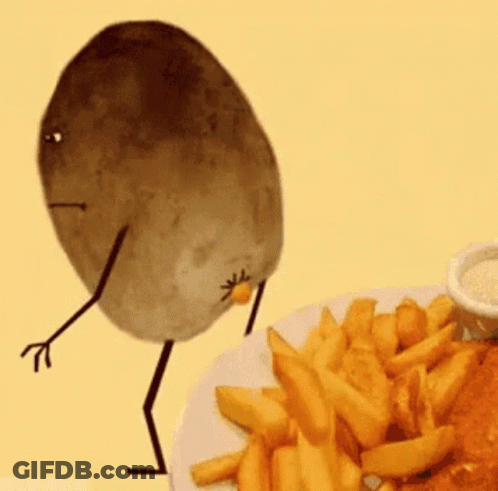 A Cartoon Potato With Arms And Legs Is Standing Next To A Plate Of French Fries . GIF