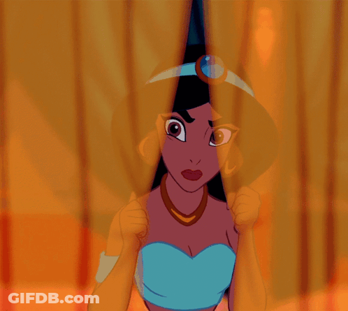 A Cartoon Princess With A Blue Jewel On Her Head Looks Out From Behind A Curtain GIF