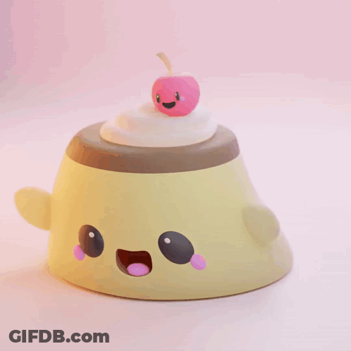 A Cartoon Pudding With A Cherry On Top Of It GIF