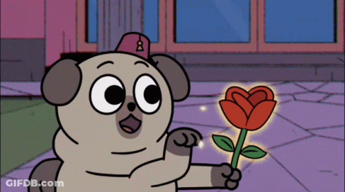 A Cartoon Pug Wearing A Hat With The Number 8 On It Is Holding A Red Rose GIF