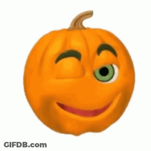 A Cartoon Pumpkin With Green Eyes Is Smiling With Its Mouth Open . GIF
