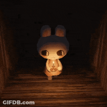 A Cartoon Rabbit Holding A Candle In A Dark Room GIF