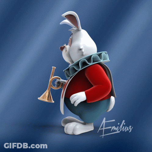 A Cartoon Rabbit Holding A Trumpet With The Name Emilius On The Bottom GIF