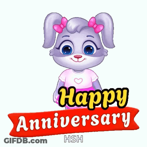 A Cartoon Rabbit Is Holding A Bouquet Of Flowers And Saying Happy Anniversary . GIF