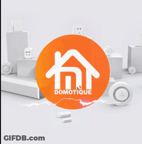 A Cartoon Rabbit Is Holding A Cell Phone In Front Of An Orange Circle That Says Domotique GIF