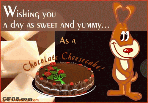 A Cartoon Rabbit Is Holding A Chocolate Cheesecake With The Words Wishing You A Day As Sweet And Yummy GIF