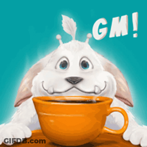 A Cartoon Rabbit Is Holding A Cup Of Coffee With The Word Gm Above It GIF