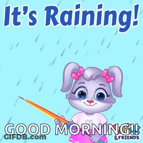 A Cartoon Rabbit Is Holding A Rainbow Colored Umbrella In The Rain And Says It 'S Raining ! GIF