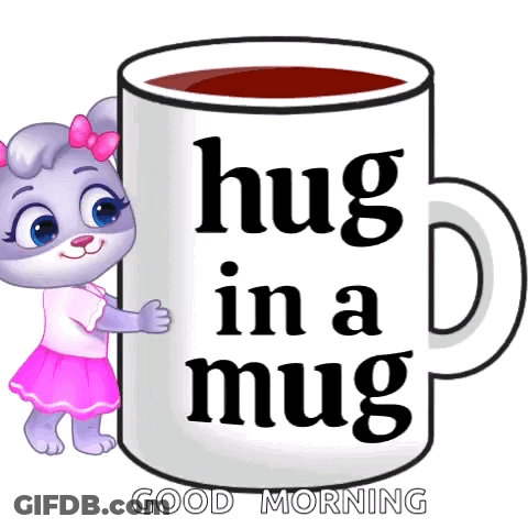 A Cartoon Rabbit Is Hugging A Coffee Mug That Says Hug In A Mug . GIF