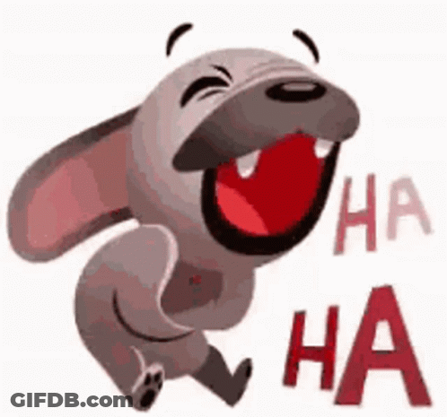 A Cartoon Rabbit Is Laughing With Its Mouth Open And The Words `` Ha Ha '' Written Next To It . GIF