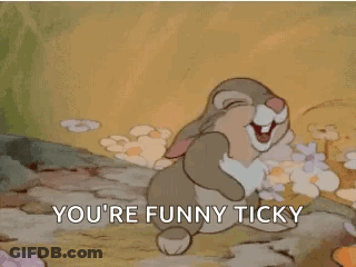 A Cartoon Rabbit Is Laughing With Its Mouth Open And The Words `` You 'Re Funny Tickly '' . GIF