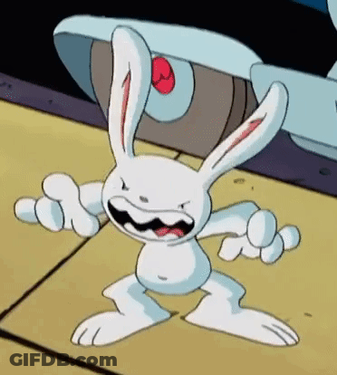 A Cartoon Rabbit Is Making A Funny Face And Pointing At Something . GIF