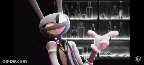 A Cartoon Rabbit Is Pointing At Something In Front Of A Bar . GIF